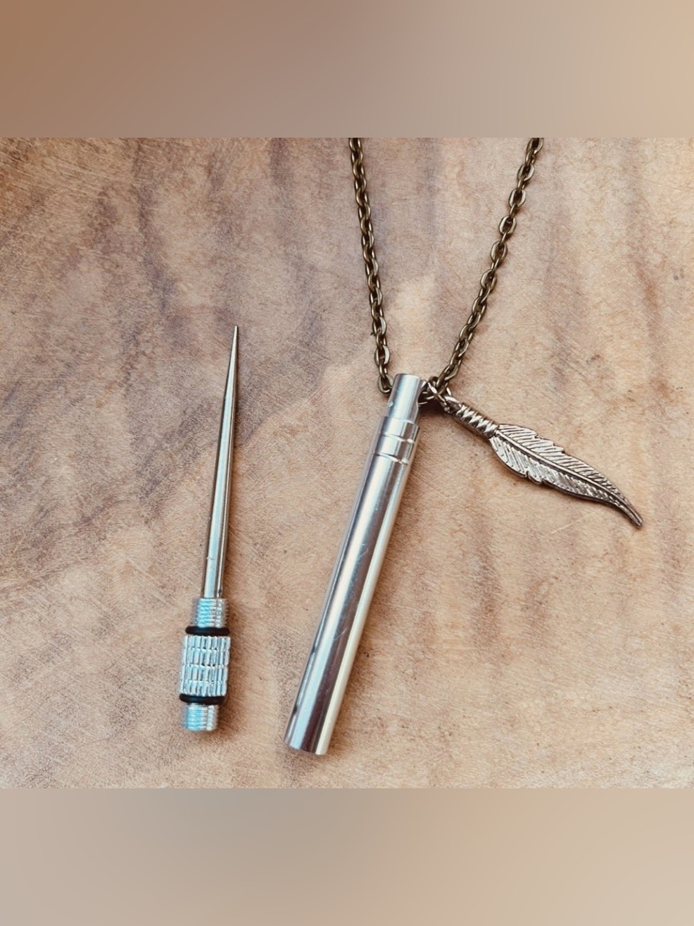 Silver Tactical Emergency Tool Necklace with Feather Charm - Functional Jewelry